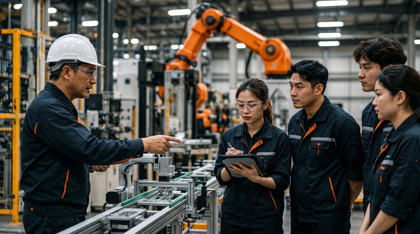 Engineers and workers collaborating in factory